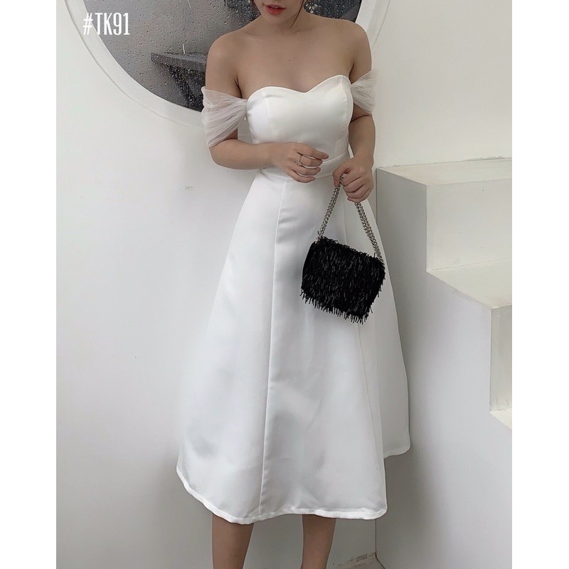 Đầm dự tiệc trắng trễ vai phi phối lưới | BigBuy360 - bigbuy360.vn