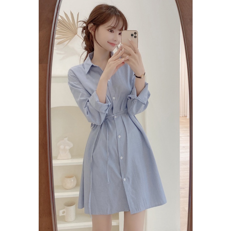 Váy nữ xinh V.094, Váy sơ mi kaki cổ đức dài tay năng động