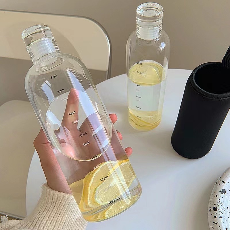 Bình uống nước trái cây 500/750ml bằng thủy tinh trong suốt dày có túi đựng