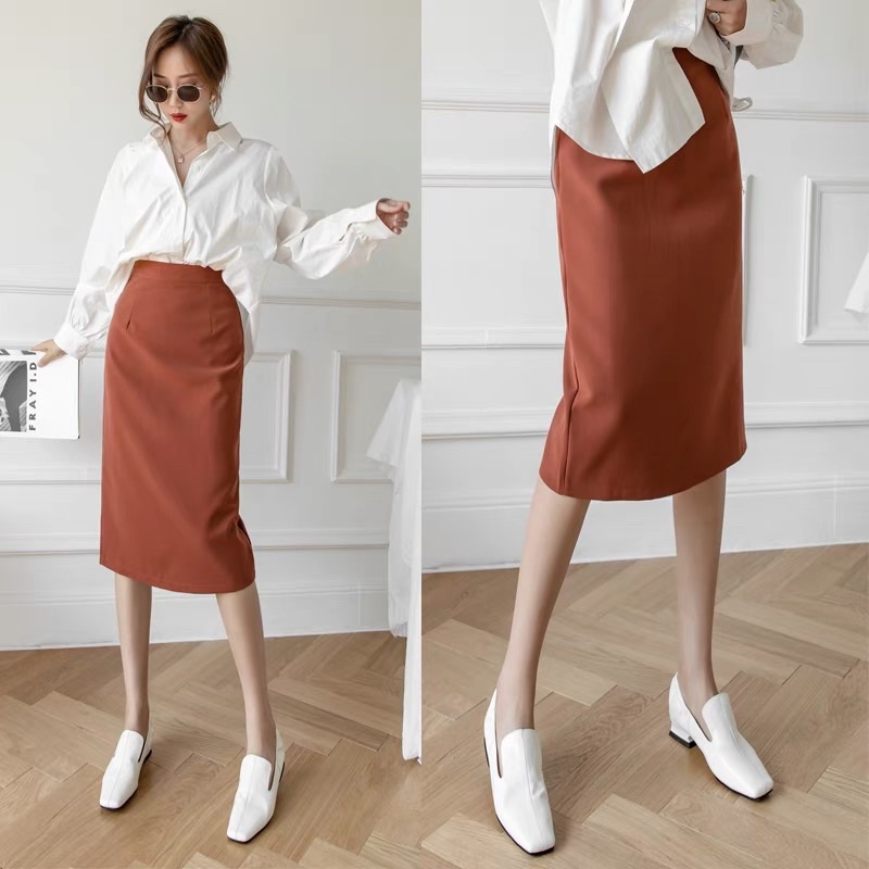 Chân Váy Chữ A Công Sở Dáng Dài Cạp Cao Xẻ Sau phong cách Hàn Quốc, Chân váy Midi