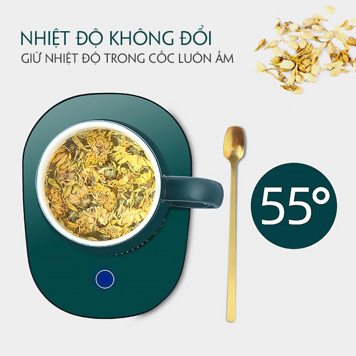 Cốc hâm nóng đồ uống kèm đế điện, cafe + Tặng kèm thìa vàng và hộp sang trọng, Bộ ly sứ hâm nóng trà, hâm sữa