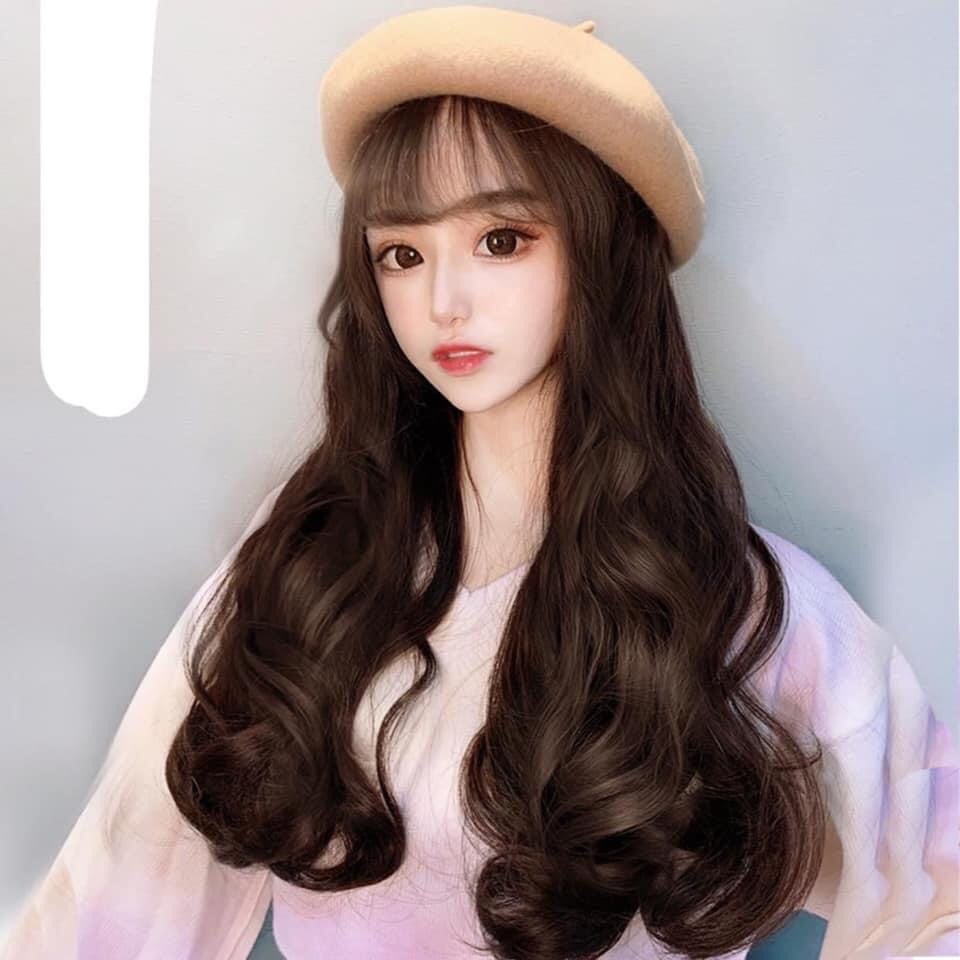 Bộ tóc giả xoăn dài kèm nón thời trang nữ tính. Mũ tóc giả xoăn sóng lơi