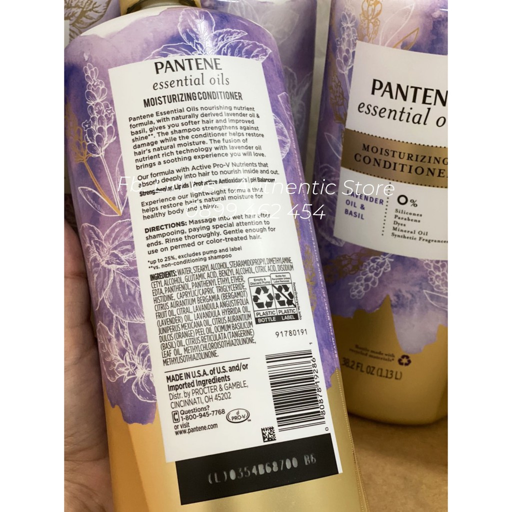 Mẫu mới Chính hãng Mỹ - Cặp Gội xả Pantene Essential Oils Moisturizing Hương Lavender 1.13L