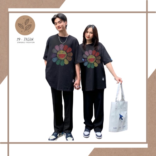 Ảnh thật, áo phông, áo thun dáng rộng unisex hình bông hoa mặt cười cho nam nữ