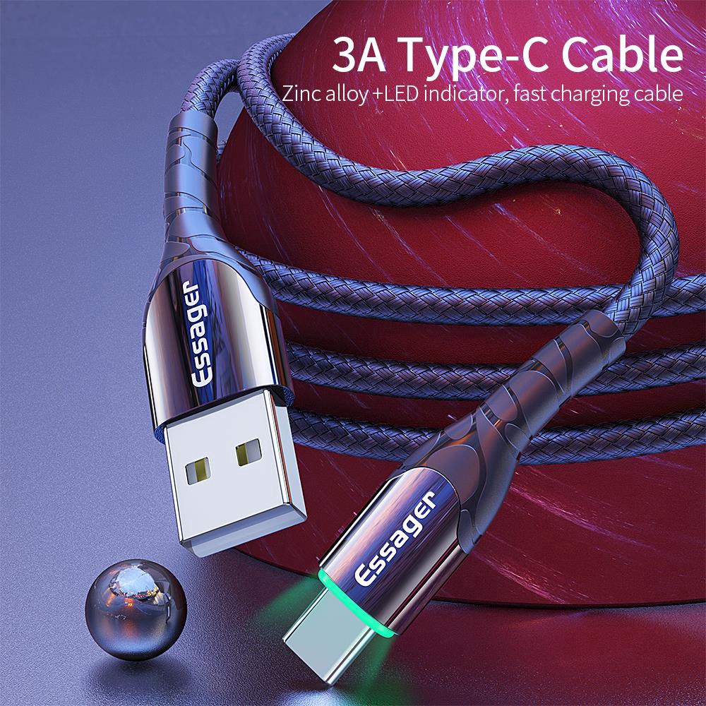 Cáp sạc nhanh USB LED Type C chính hãng cho Samsung S8/S9/Note8/ Note9/Xiaomi/ Huawei/Oppo/Nokia - Cáp Type C Essager