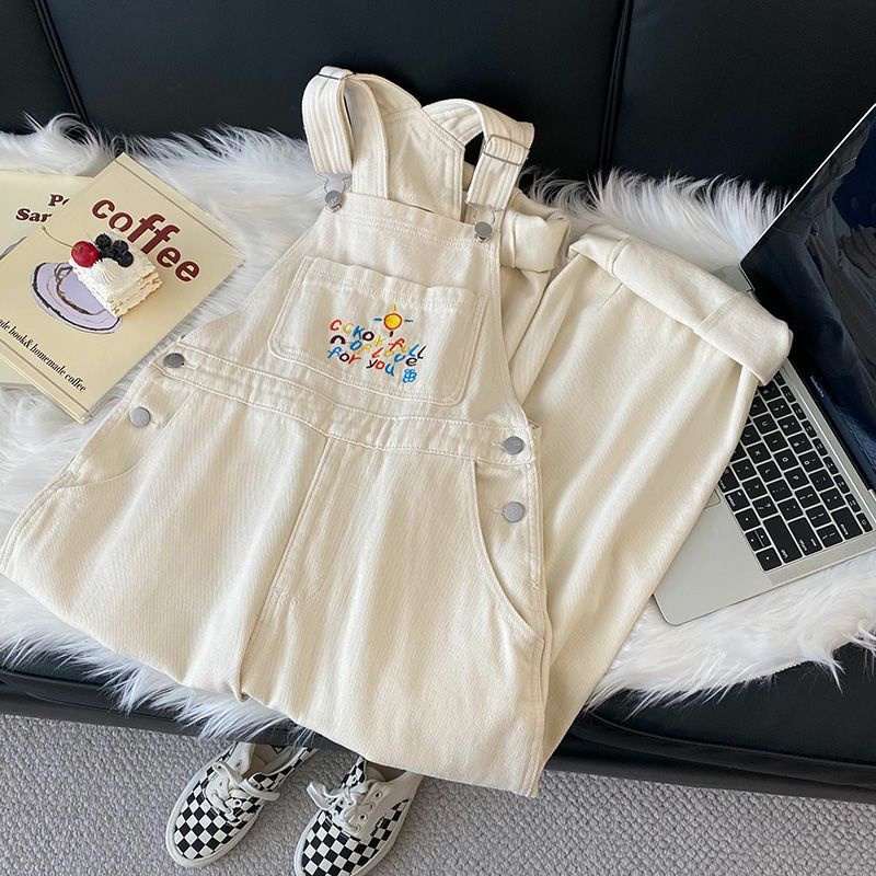 Yếm Quần Ống Rộng Màu Be Thêu Hình Cute Phong Cách Hàn Quốc (H36) ❤️ | BigBuy360 - bigbuy360.vn