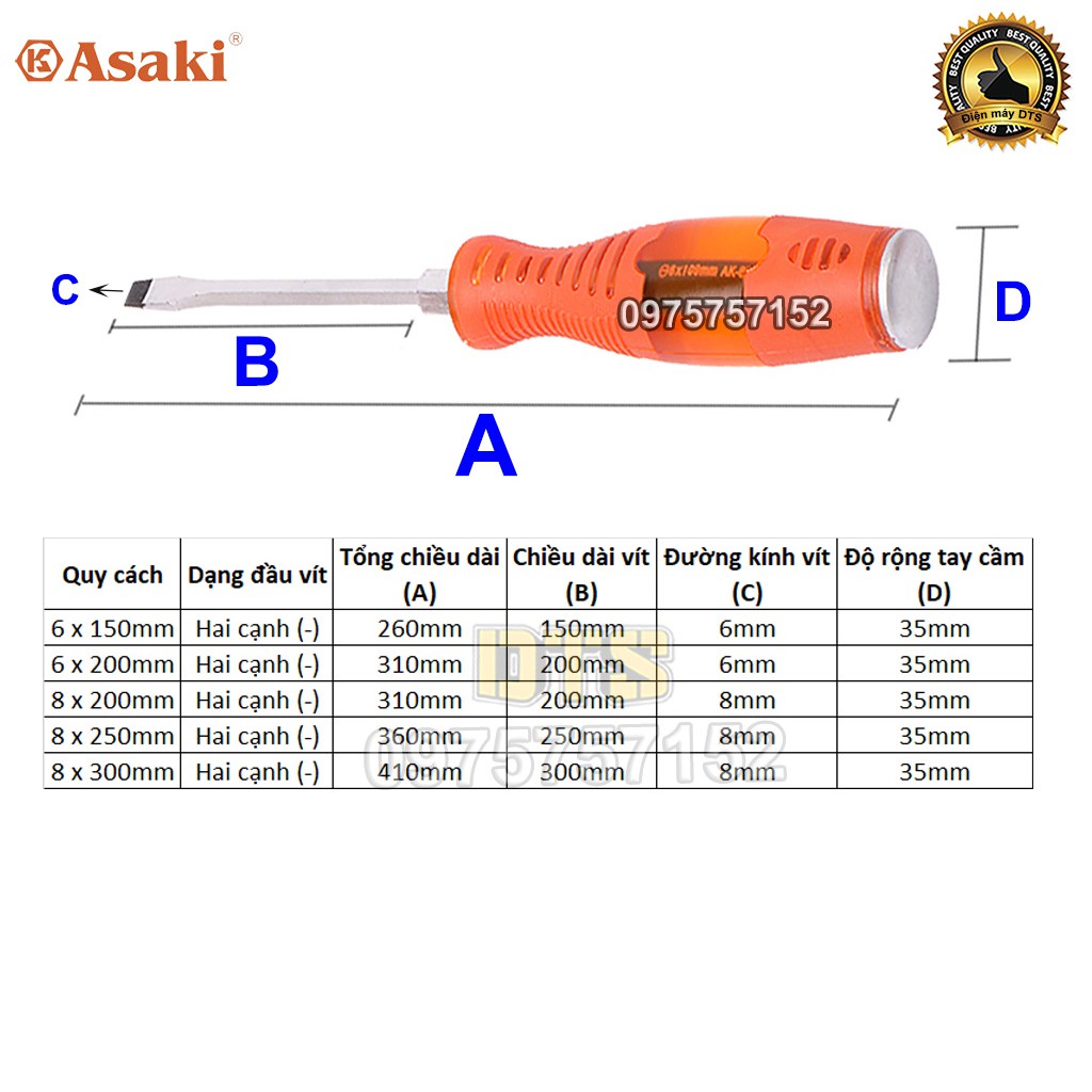 Tô vít đóng 2 cạnh, đầu dẹp Asaki thân lục giác, thép cứng CR-V cao cấp HRC55, có từ tính mạnh