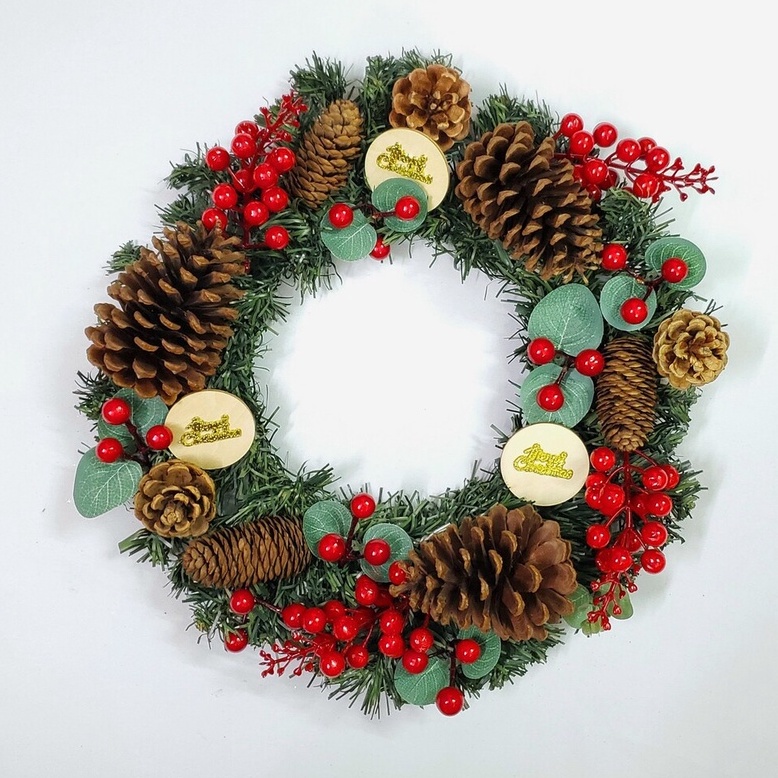 Vòng Hoa Trang Trí Noel D47 size 35cm Tặng Kèm Đèn, Vòng Nguyệt Quế Giáng Sinh