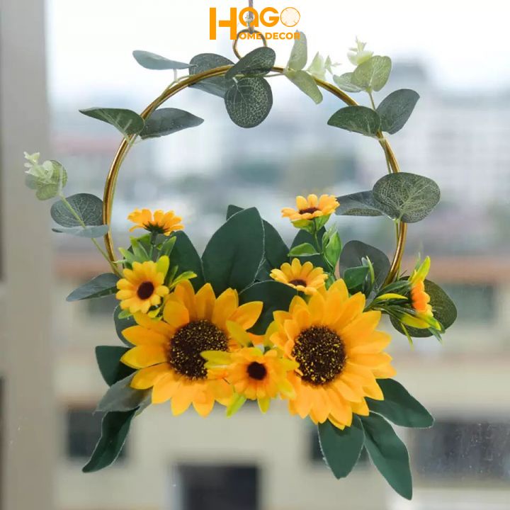 Hoa lụa, vòng hoa hướng dương treo tường khung kim loại trang trí nhà cửa, cửa hàng, sự kiện