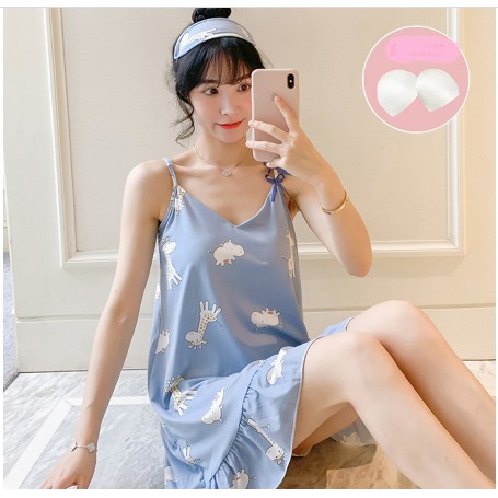 Váy ngủ hai dây đầm ngủ thun mềm mịn có đệm ngực (Kèm bịt mắt)