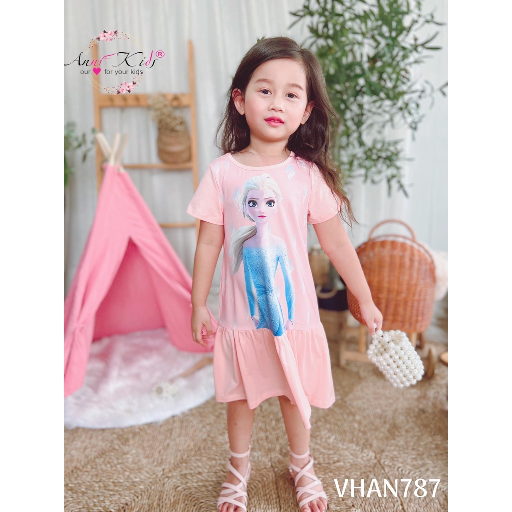 Váy bé gái chất cotton mịn in elsa 3D.dáng váy suông đuôi cá siêu xinh