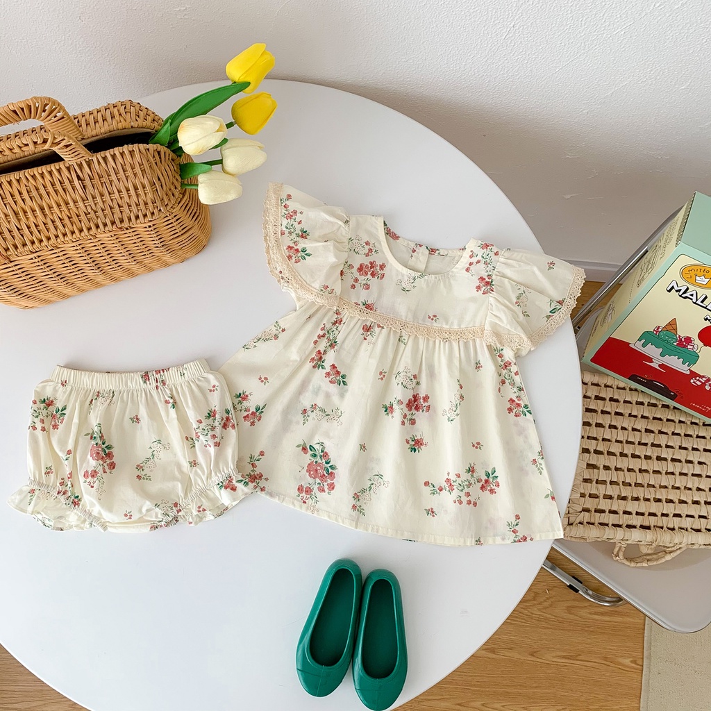 Set Đầm TUTU 2 Món Tay Cánh Tiên In Họa Tiết Hoa + Quần Ngắn Phong Cách Hàn Quốc Thời Trang Mùa Hè Cho Bé Gái
