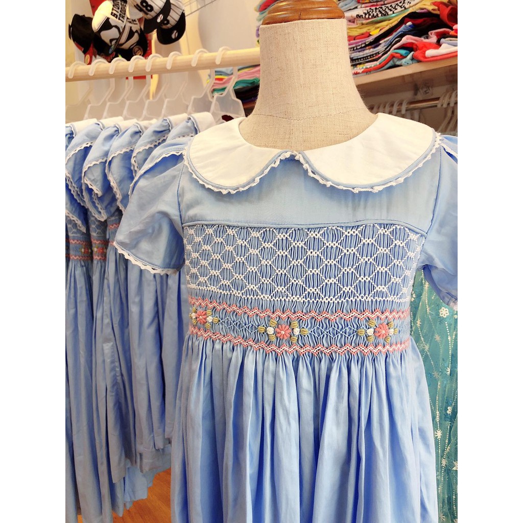 Váy smock xanh cổ trắng tay sen