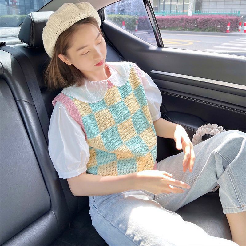 Áo Dệt Kim Sát Nách Sọc Ca Rô Phối Màu Tương Phản Cá Tính Thời Trang Hàn Quốc Cho Nữ