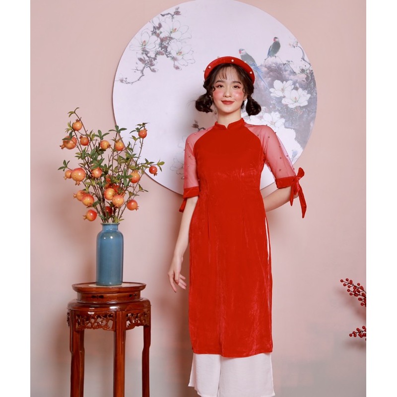 ÁO DÀI TẾT - LITTLE BOW AODAI - ÁO DÀI CÁCH TÂN TAY NƠ ĐÍNH CƯỜM