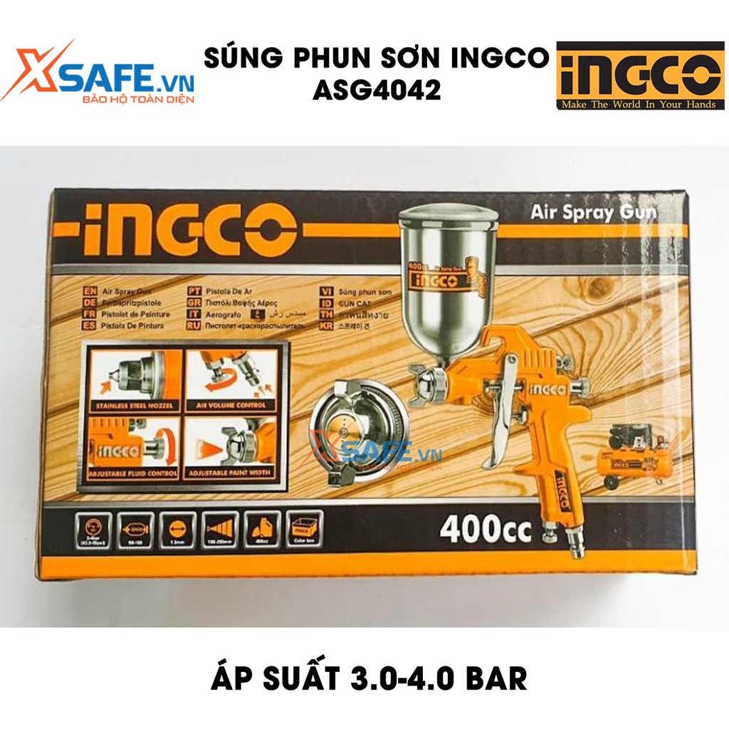 Súng phun sơn INGCO ASG4042 - Súng phun sơn đầu phun tiêu chuẩn 1.5mm, áp suất 3.0-4.0 bar, thể tích bình nhôm 400cc