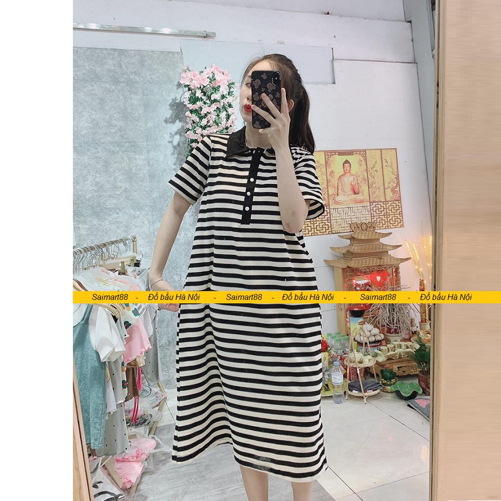 Váy bầu kẻ cotton, đầm bầu  hàng đẹp loại 1, cổ sơmi form suông rộng cực xinh trẻ cho mẹ đi làm, đi chơi