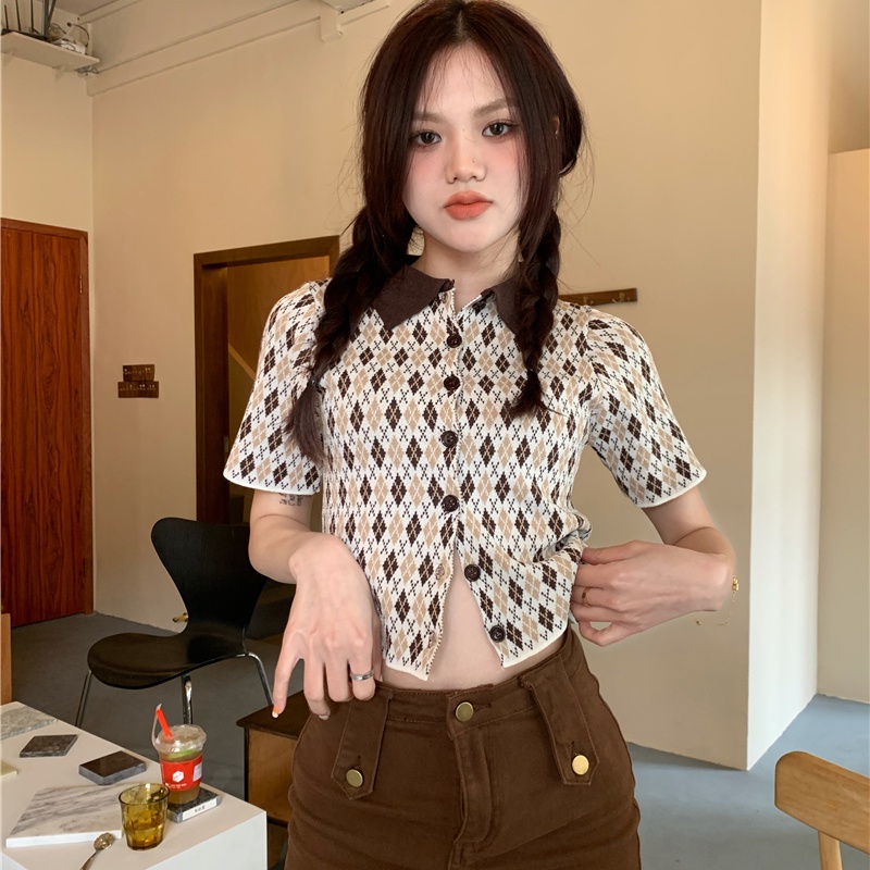 Áo polo SUXI dệt kim tay ngắn dáng ôm thời trang mùa hè cổ điển quyến rũ cho nữ