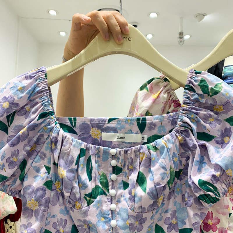 Áo chiffon Cổ Vuông Tay Ngắn Phồng In Họa Tiết Hoa Thời Trang Mùa Hè 2022 Mới Cho Nữ
