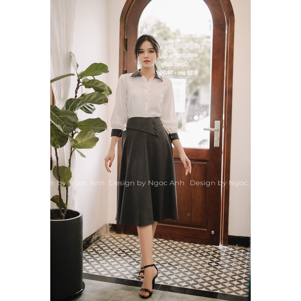 Chân Váy Công Sở Dáng Dài Chân Váy Xòe Nhẹ Trẻ Trung Lely Fashion caro vạt 3 cúc lệch CV027
