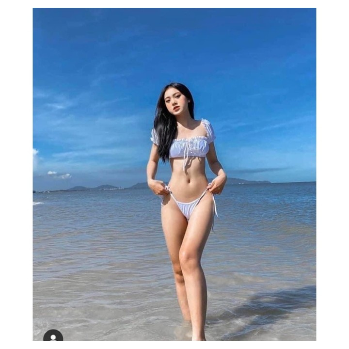 [CÓ SẴN + FORM ĐẸP] Set bikini đồ bơi 2 mảnh Hiền Hồ tay bồng chip màu trắng áo cúp ngực tay con xinh xắn VATIXA BKN46 | BigBuy360 - bigbuy360.vn