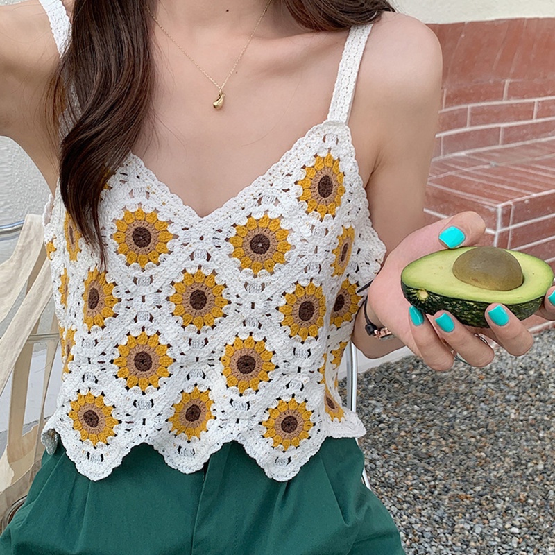 Áo Croptop Dệt Kim Không Tay Cổ Chữ V Thêu Hoa Hướng Dương Thời Trang Mùa Hè Cho Nữ