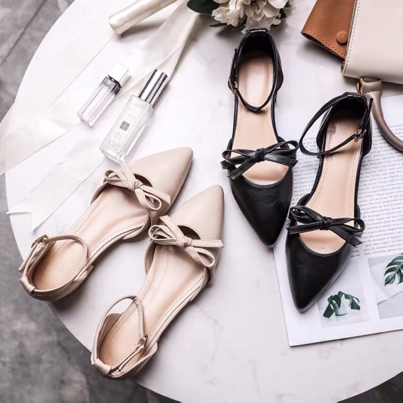 Giày búp bê nữ gót thấp kiểu dáng buộc nơ hai màu, SB32 - November House