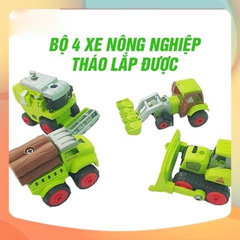 Đồ Chơi Túi 4 Xe Ô Tô Nông Nghiệp Máy Cày Tặng Kèm Tua Vít cho Bé