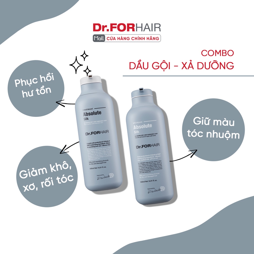 Bộ dầu gội xả dưỡng, giữ màu tóc nhuộm Dr.FORHAIR/Dr For Hair Absolute Silk 500ml/chai