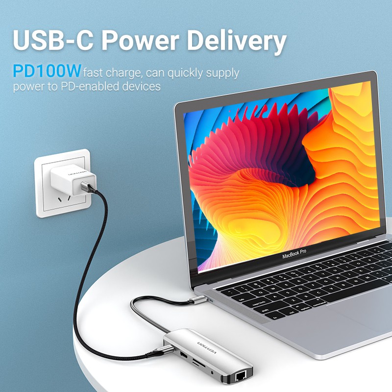 Đế sạc đa năng VENTION USB 9 trong 1 nối tới USB 3.0 OTG/HDMI/PD/SD/RJ45 cho laptop/PC