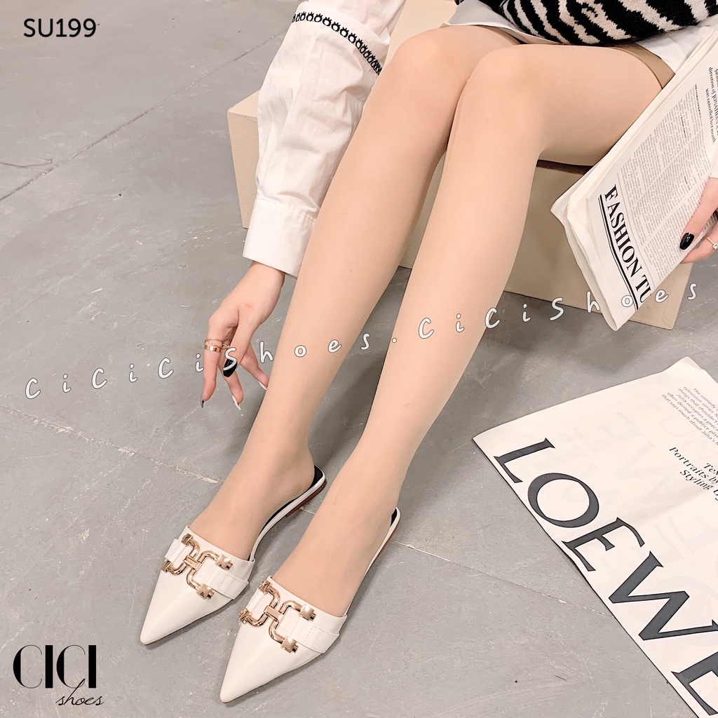 Giày sục nữ CiCi Shoes mũi nhọn, sục bệt da lì khoá móc câu kim loại - SU199