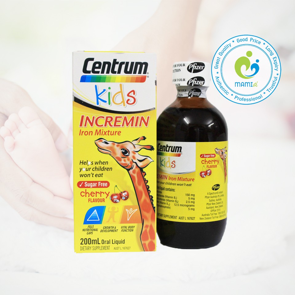 Siro (200ml) giúp ăn ngon miệng và hấp thu tốt hơn cho trẻ từ 6 tháng tuổi Centrum Kids Incremin Iron Mixture, Úc