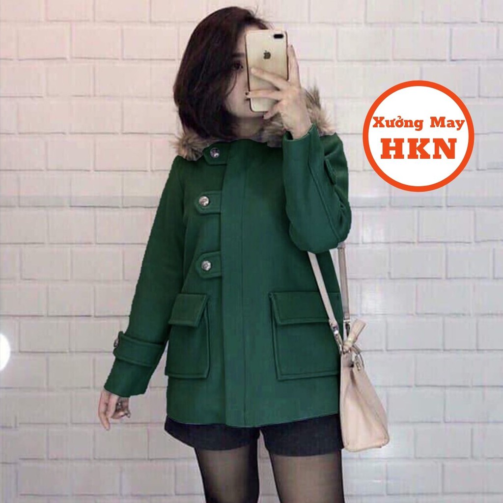 Áo Khoác Dạ Nữ Loại 1 Màu Xanh Có Mũ Lông Mặc Trẻ Trung Cá Tính Mã 774 Xưởng May HKN