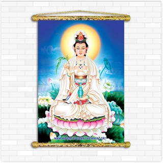 Tranh Liễn Phật Giáo - Quan Thế Âm Bồ Tát, Vải canvas cao cấp nẹp sáo gỗ tự nhiên tặng vòng tay phật giáo