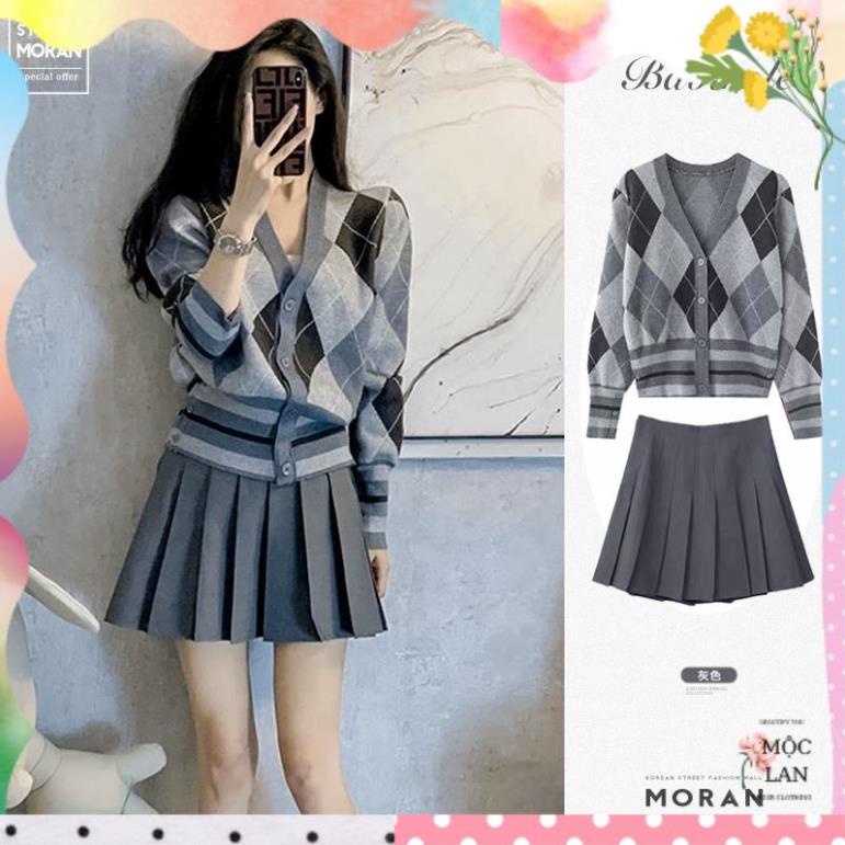 Áo len cardigan MORAN họa tiết kẻ sọc ô kim cương cổ V cài khuy form thụng sang chảnh