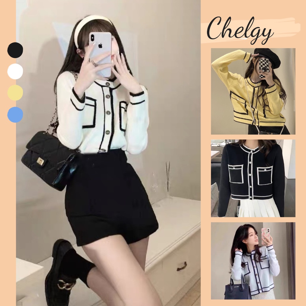 Áo khoác Cardigan len dệt kim dài tay Chelgy tiểu thư mùa thu đông may cách điệu Đường Viền Nổi cổ tròn CG-CDGDV109