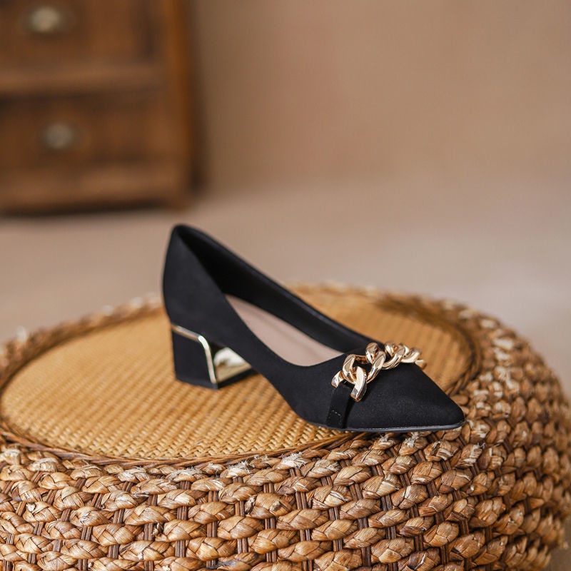 Giày Búp Bê Da Lộn Gót Dày Mũi Nhọn Màu Đen Thời Trang Công Sở 2022 Cho Bạn Gái