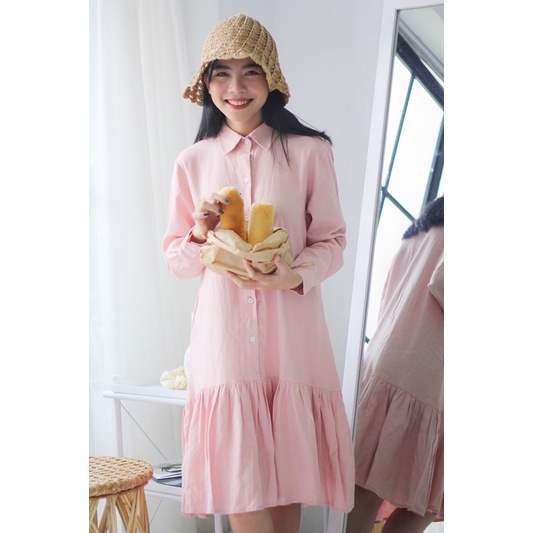 Đầm sơ mi linen babydoll trắng/hồng