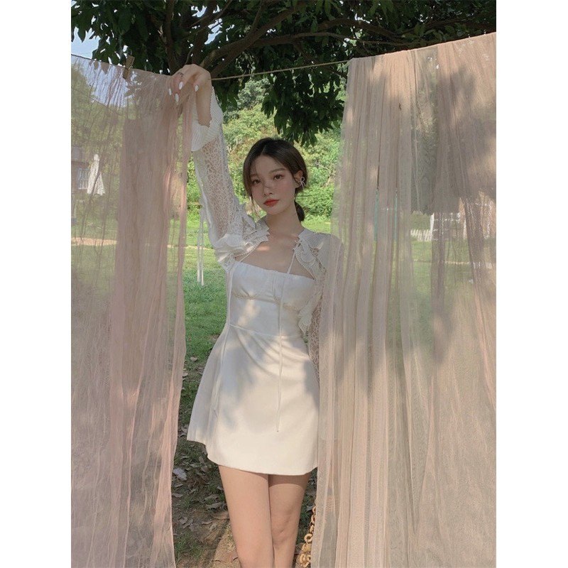 [Có ảnh thật] Set áo khoác ren tay dài+đầm 2 dây gợi cảm phong cách ulzzang SAM SAM BOUTIQUE | BigBuy360 - bigbuy360.vn