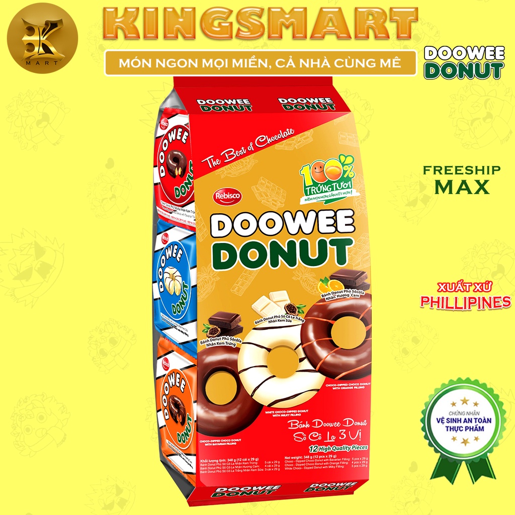 Bánh Doowee Donut Túi 12 Bánh Có Đủ Vị: Socola Đen, Cam, Dâu, Phô Mai, Socola Trắng