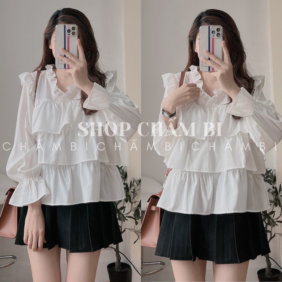 Áo sơ mi babydoll tiểu thư A.290, Áo kiểu cổ tim 3 tầng bèo xòe cách điệu tay bo điệu đà | BigBuy360 - bigbuy360.vn