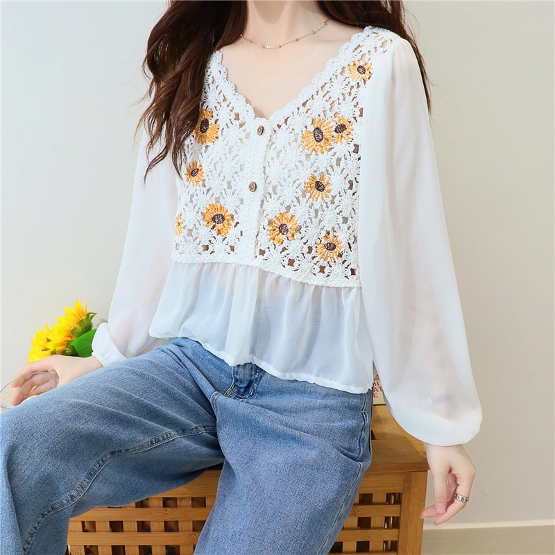 Áo kiểu SUXI cổ chữ V dáng rộng in hoa phong cách retro Hàn Quốc dành cho nữ