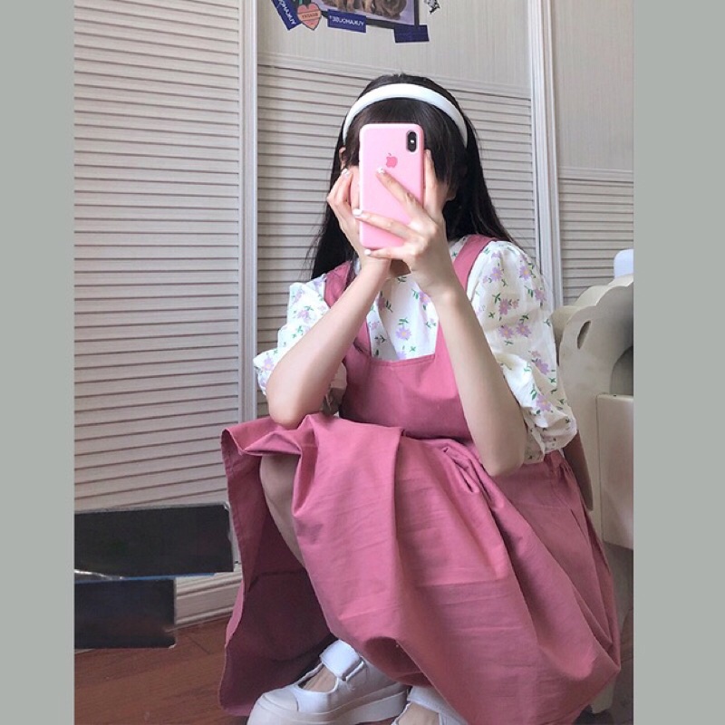 Set( áo sơ mi tay bồng tiểu thư+ Yếm dáng cổ vuông phog cách Ulzzang hang quốc) đáng yêu dễ thương