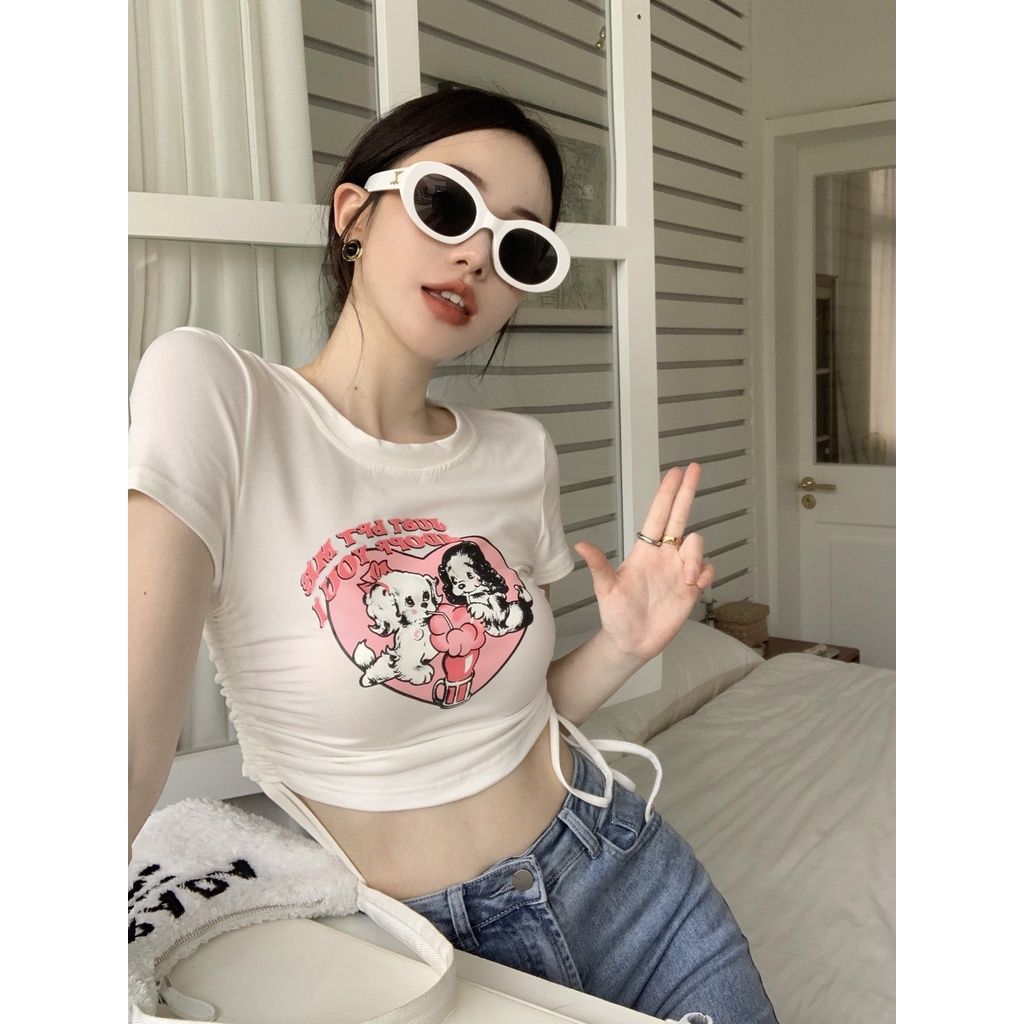 Áo Thun Croptop Cột Dây Dáng Ôm In Hoạt Hình Thời Trang Quyến Rũ Cho Nữ