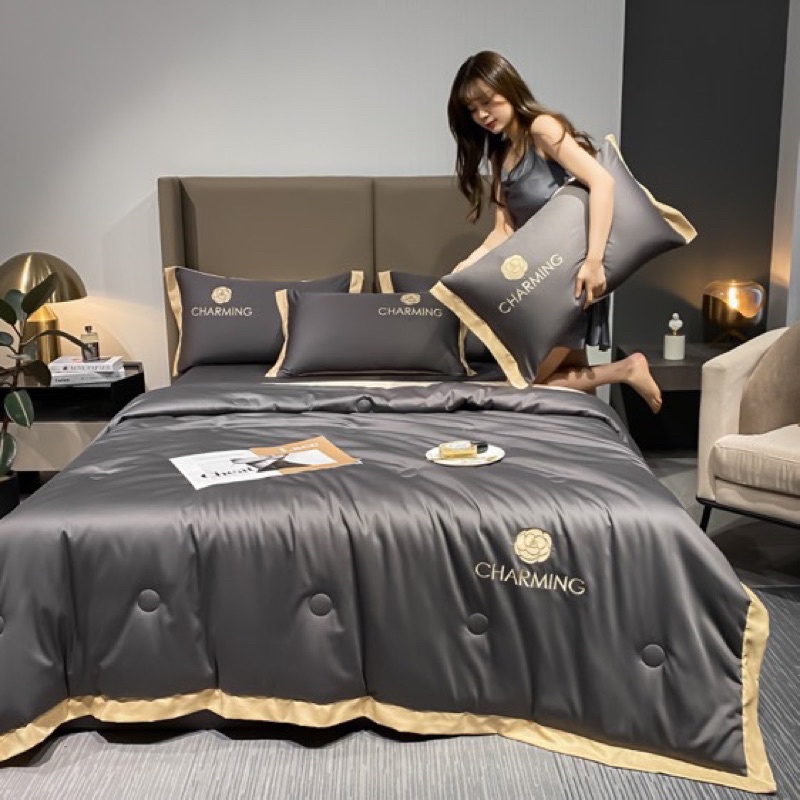 Set Chăn Ga Phi Lụa  - Hàng Trơn Thêu Chữ