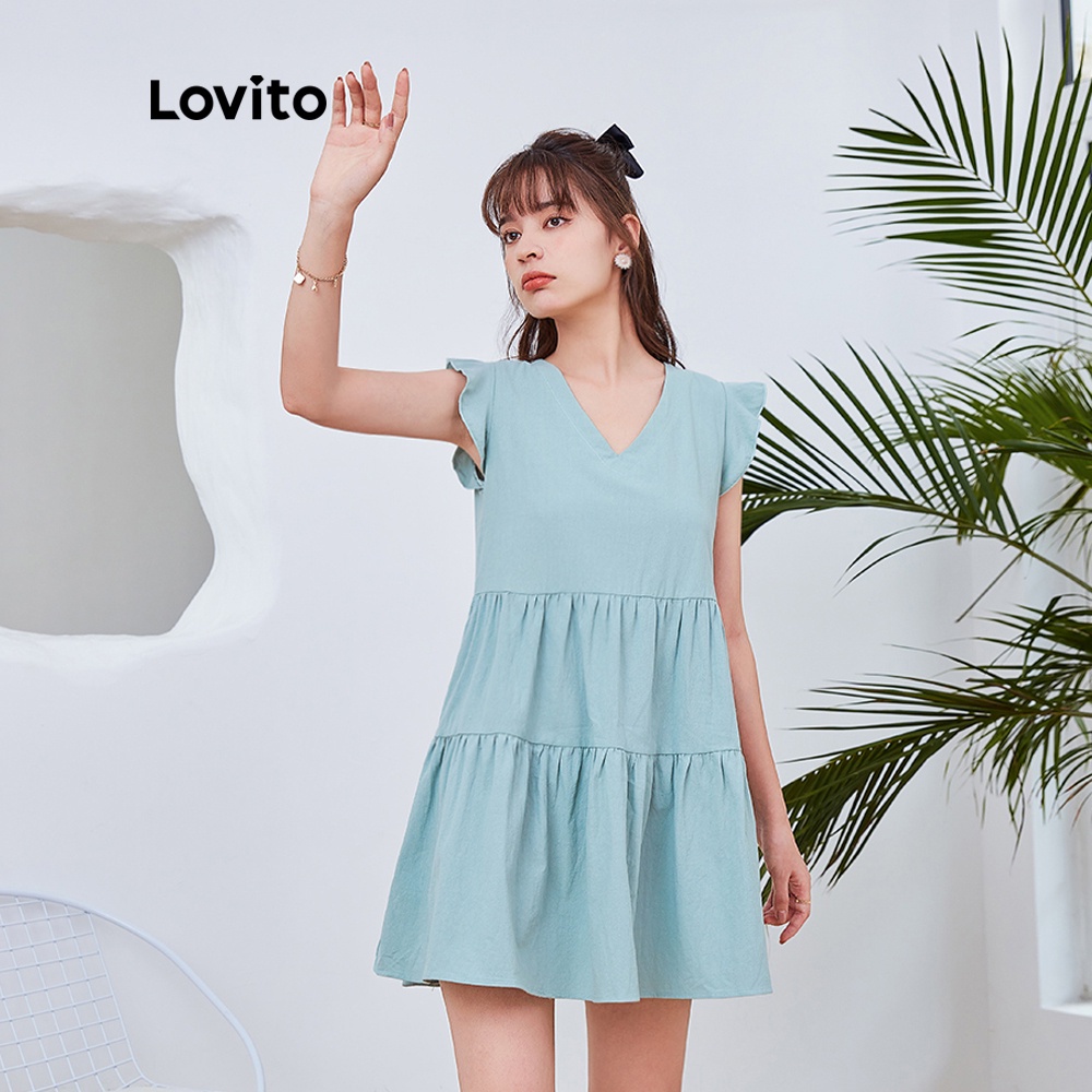 Đầm mini Lovito dáng chữ A cổ chữ V dáng rộng viền xếp nếp dễ thương màu trơn giản dị DRLQFSP2075 (xanh lá)