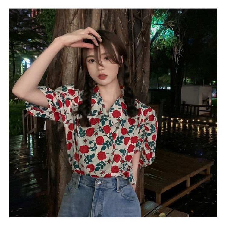 Áo Sơ Mi Tay Ngắn Phồng Họa Tiết Hoa Thời Trang Mùa Hè Cho Nữ