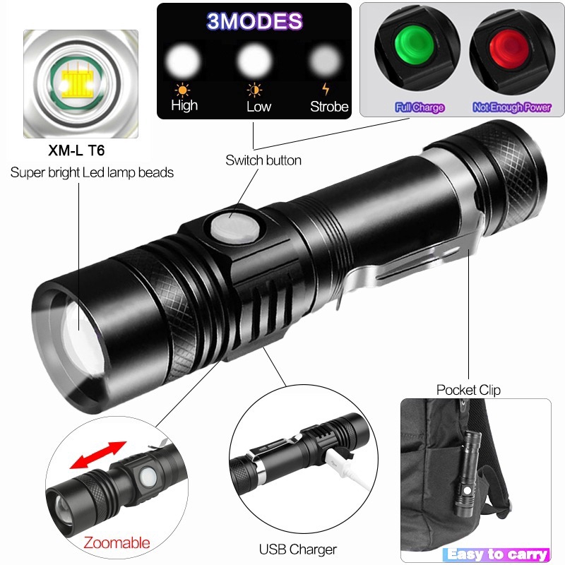 Most Powerful XHP70.2 LED Flashlight XHP50 Rechargeable USB Zoomable Torch T6  Lamp for Camping