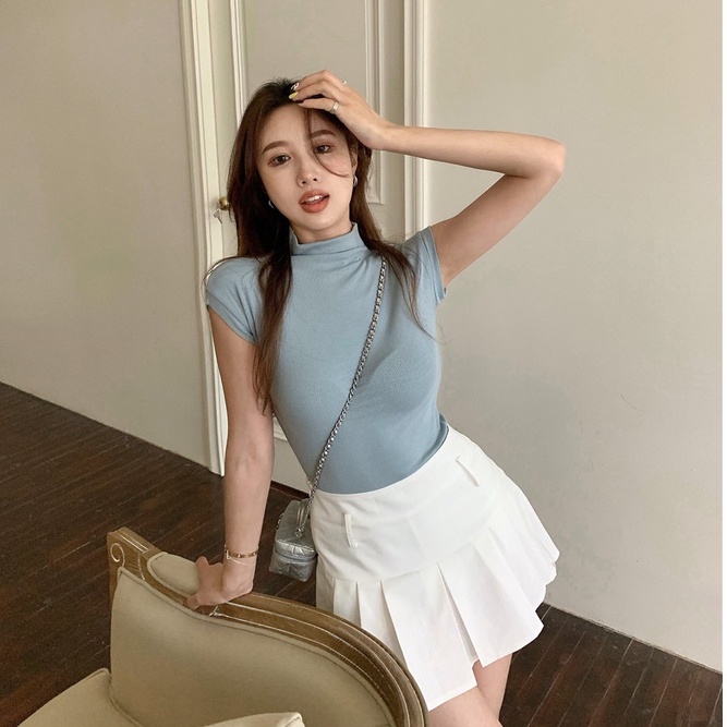 HUANG YOYO Áo thun tay ngắn cổ lọ dáng ôm thời trang mùa hè quyến rũ cá tính cho nữ