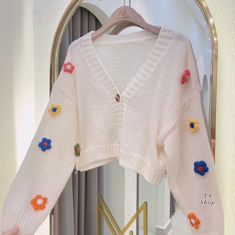 Áo khoác len nữ cadigan bông hoa nổi, hai màu đỏ trắng mới về